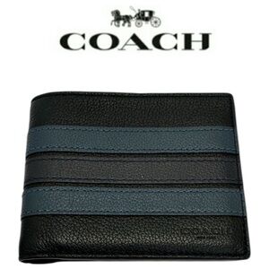 COACH Men’s Slim Billfold Wallet Varsity Stripe Leather Black Denim Navy NWOT